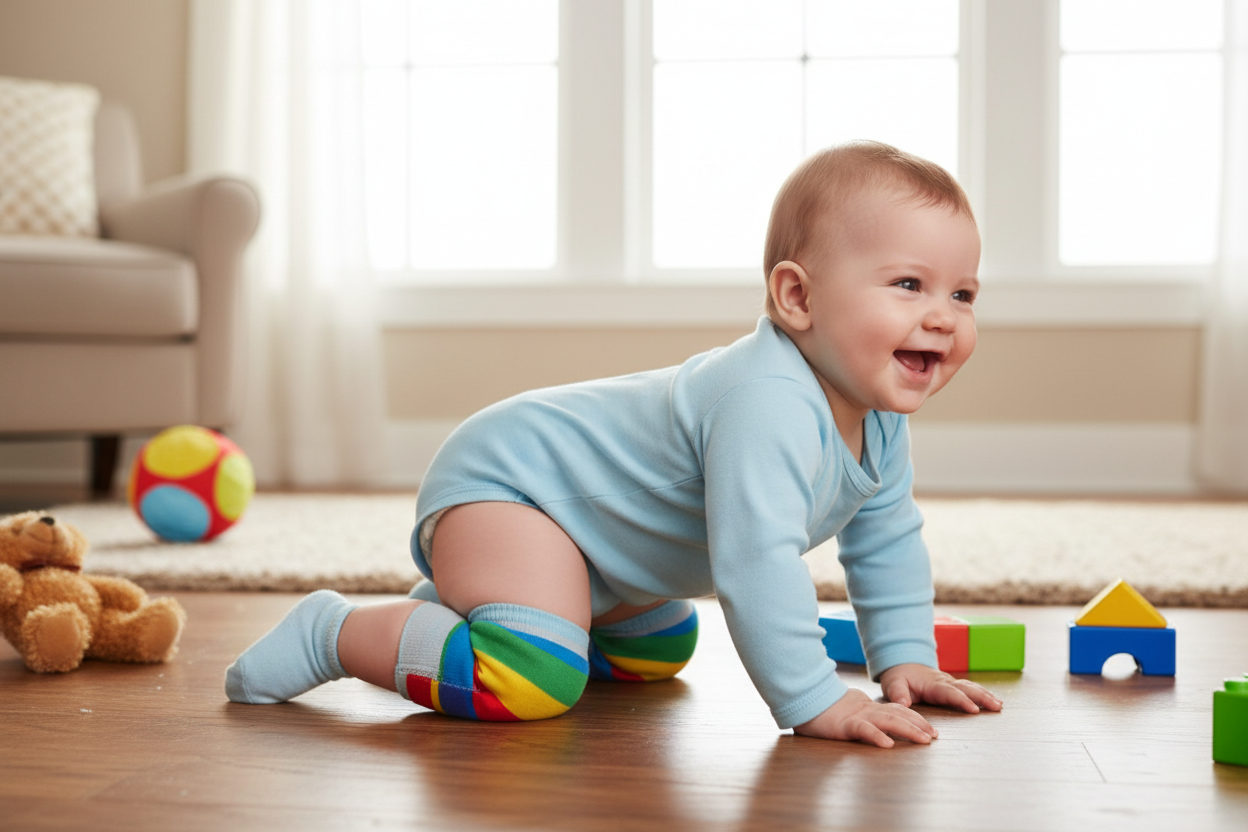 Emekleyen bir bebeğin dizinde emekleme dizliği var ve bunun duruşunu çiz
